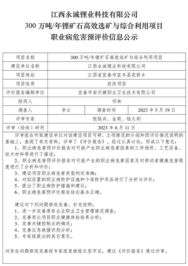 1686560732604877.jpg 江西永誠鋰業(yè)科技有限公司300萬噸年鋰礦石高效選礦與綜合利用項目職業(yè)病危害預(yù)評價信息公示.jpg